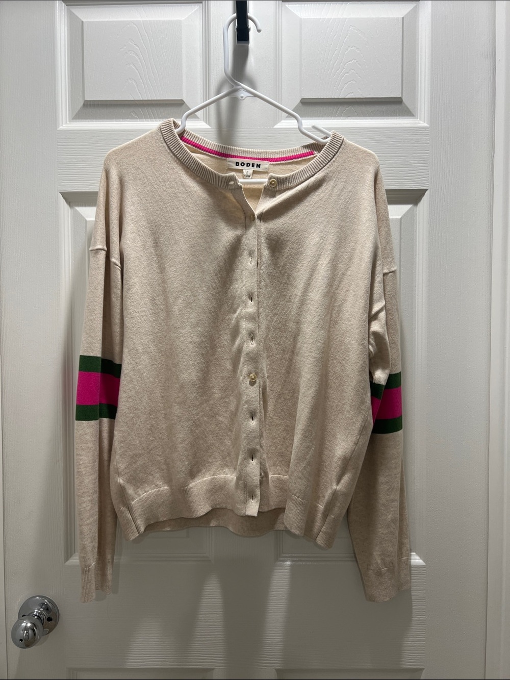 Boden Cream Button-Up Cardigan with Pink and Green Sleeve Stripes